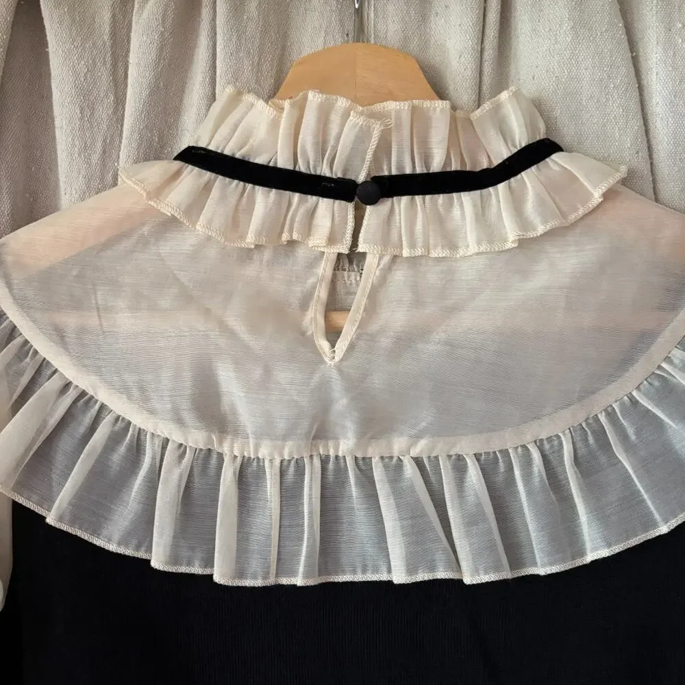 ZARA Ivory Sheer Sleeve Ruffle Collar Blouse Black Victorian Romantic Top Size M - Picture 4 of 7